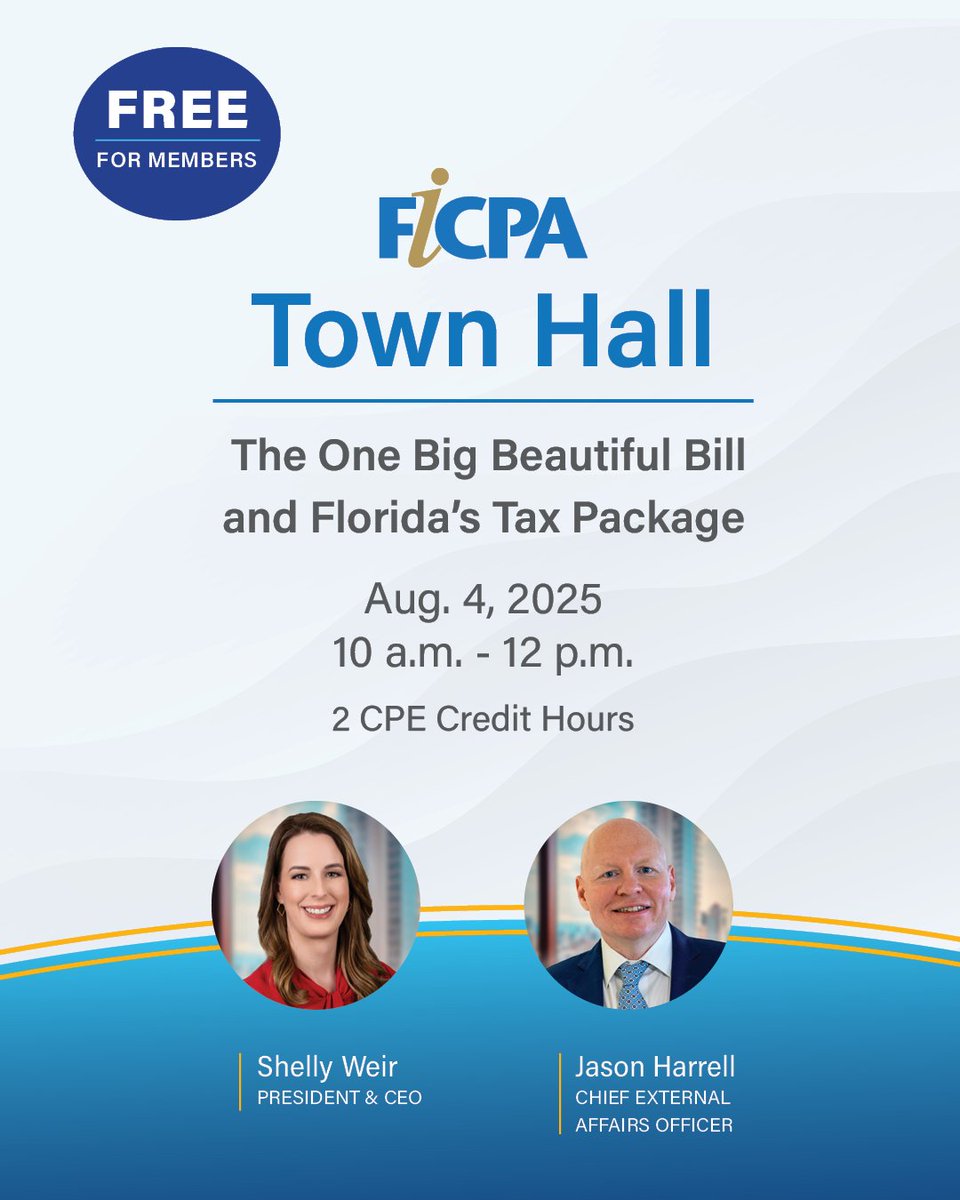 Trying to track all the changes in the One Big Beautiful Bill? Have questions about Florida’s new tax package? The FICPA has you covered. Join us for our free Town Hall on Aug. 4 to earn two hours and take a deep dive into federal and state tax changes. 
hubs.ly/Q03zCd9j0
