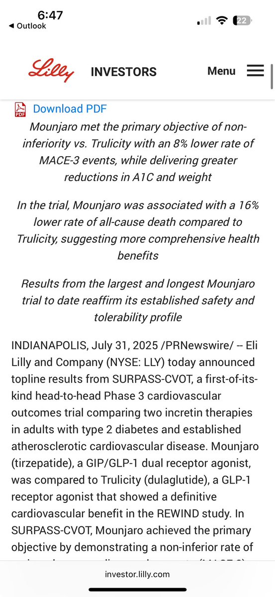 Diana Isaacs, PharmD, BC-ADM, CDCES (@dianamisaacs) on Twitter photo Top line results of the SURPASS-CVOT were announced! Tirzepatide went head to head vs dulaglutide and found to have less CV events including 16% lower rate of all cause death! Top line results of the SURPASS-CVOT were announced! Tirzepatide went head to head vs dulaglutide and found to have less CV events including 16% lower rate of all cause death!