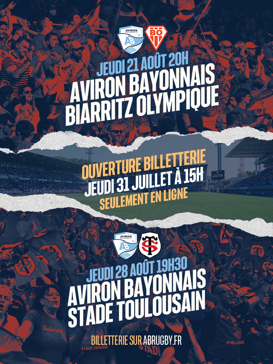 Aviron Bayonnais (@avironrugbypro) on Twitter photo ๐๐ข๐ฅ๐ฅ๐๐ญ๐ญ๐๐ซ๐ข๐ ๐๐๐ญ๐๐ก๐ฌ ๐๐ฆ๐ข๐๐๐ฎ๐ฑ โ
La billetterie pour les matchs contre le Biarritz Olympique et le <a href="/StadeToulousain/">Stade Toulousain</a> est dรฉsormais ouverte ๐คฉ
Direction notre site internet pour acheter vos places ๐ซ
billetterie.abrugby.fr/content
#Top14 #rugby ๐๐ข๐ฅ๐ฅ๐๐ญ๐ญ๐๐ซ๐ข๐ ๐๐๐ญ๐๐ก๐ฌ ๐๐ฆ๐ข๐๐๐ฎ๐ฑ โ
La billetterie pour les matchs contre le Biarritz Olympique et le <a href="/StadeToulousain/">Stade Toulousain</a> est dรฉsormais ouverte ๐คฉ
Direction notre site internet pour acheter vos places ๐ซ
billetterie.abrugby.fr/content
#Top14 #rugby