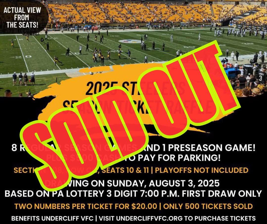 undercliff264's tweet photo. BIG NEWS! The 2025 Steelers Season Ticket Raffle is officially SOLD OUT! Thank you to everyone who purchased tickets! 

By the way, we only have about one month left for the 2025 Car Raffle! Get your tickets now before they are gone too! https://t.co/R42csnxSxc https://t.co/eJGjxybGjC