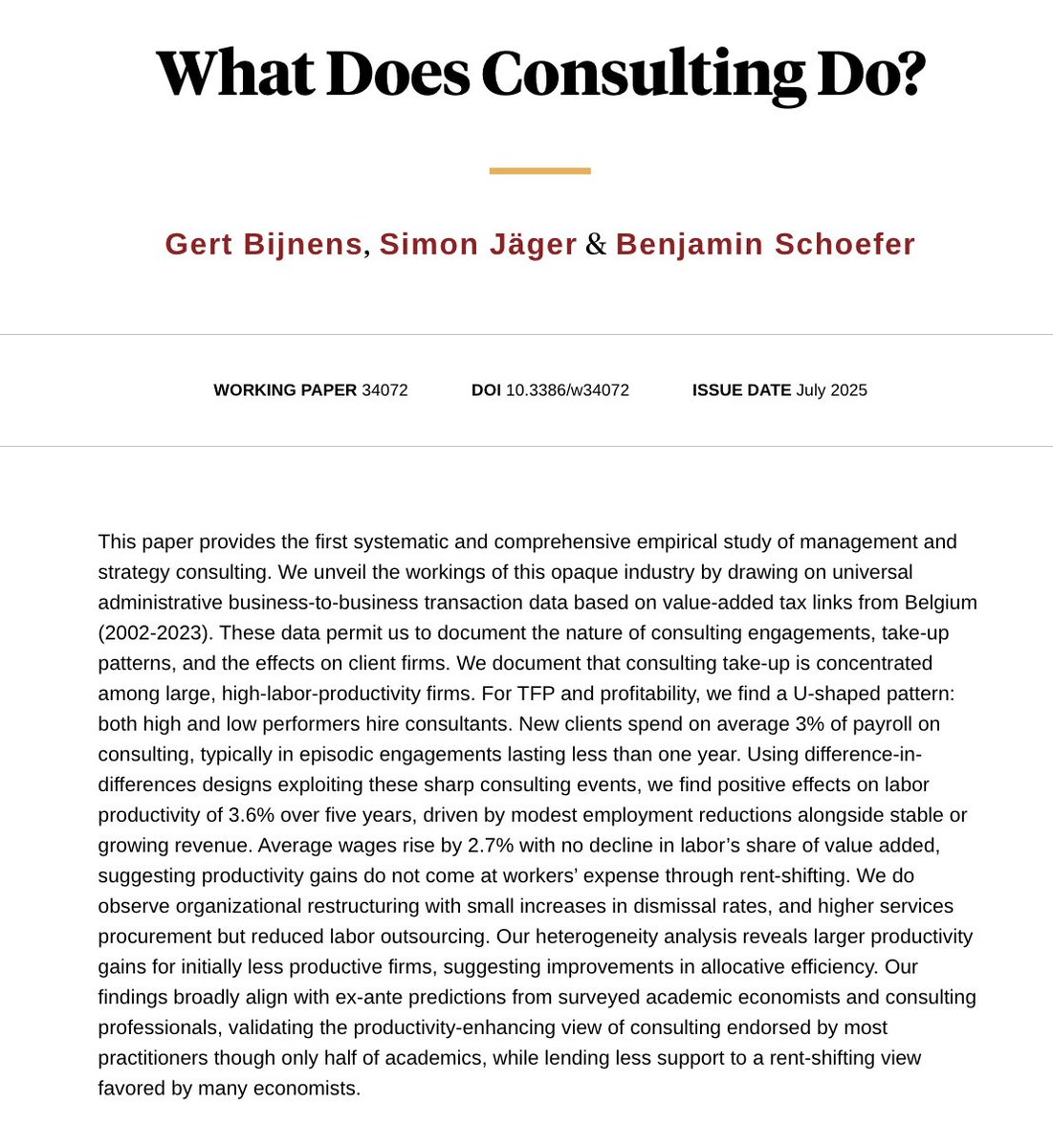 Simon Jäger (@simon_jaeger) on Twitter photo What does consulting do?
Lots of strongly held views, very limited data to answer the question.
In new <a href="/nberpubs/">NBER</a> paper, <a href="/bijneman/">Gert Bijnens</a> <a href="/Schoefer_B/">Benjamin Schoefer</a> and I shed light on this question using the first economy-wide data on consulting relationships (based on VAT-based B2B data).
More👇 What does consulting do?
Lots of strongly held views, very limited data to answer the question.
In new <a href="/nberpubs/">NBER</a> paper, <a href="/bijneman/">Gert Bijnens</a> <a href="/Schoefer_B/">Benjamin Schoefer</a> and I shed light on this question using the first economy-wide data on consulting relationships (based on VAT-based B2B data).
More👇