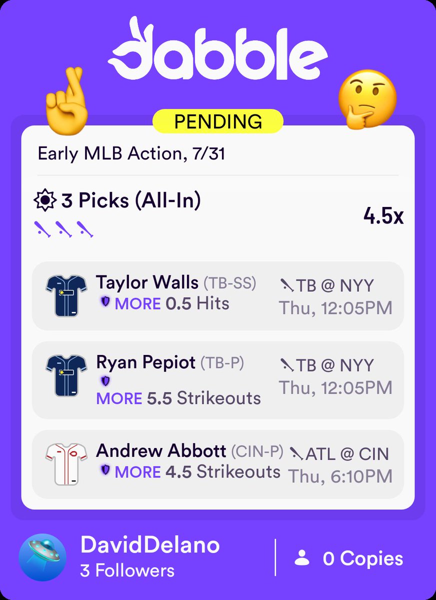 You can copy/follow daily MLB player props from myself or anyone on Dabble for free. All you have to do is copy the entry.

click.dabble.com/ugiS/c7ko4mma

You also get $10 to play with for free when you join.

Code: DavidDelano