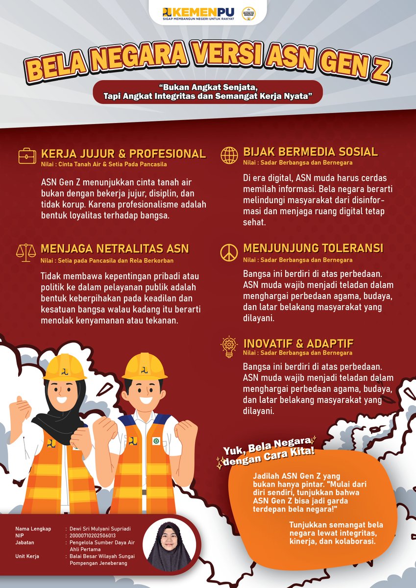 dewi_mulyanni's tweet photo. Kami bukan tentara. Tapi kami juga membela negara.
Kami ASN Gen Z.
Kami melayani tanpa pamrih, berkarya tanpa basa-basi, dan setia pada merah putih.
Yuk, mulai bela negara versi kamu sendiri!
💼✨ #GenZMelayani #IntegritasTanpaBatas https://t.co/EXB0CQWlRn
