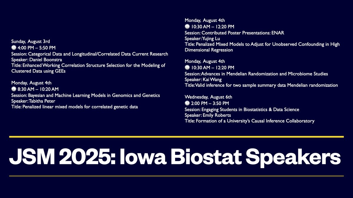 Emily Roberts (@emilyk_roberts) on Twitter photo If you'll be at #JSM2025 next week, come check out some of our <a href="/Iowa_Biostat/">University of Iowa Department of Biostatistics</a> current students and faculty present their research! If you'll be at #JSM2025 next week, come check out some of our <a href="/Iowa_Biostat/">University of Iowa Department of Biostatistics</a> current students and faculty present their research!
