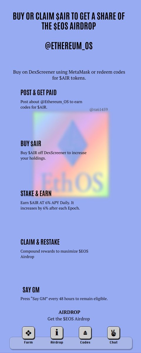 Ramelijan_'s tweet photo. Compounding $AIR during the EthOS epochs isn't just farming โ it's positioning yourself for exponential growth.
Every epoch you stake is a multiplier.
Every GM is a commitment.
Early is everything.
@Ethereum_OS #EthereumOS #ethosvision $EOS https://t.co/Qu4Wz0Bbri