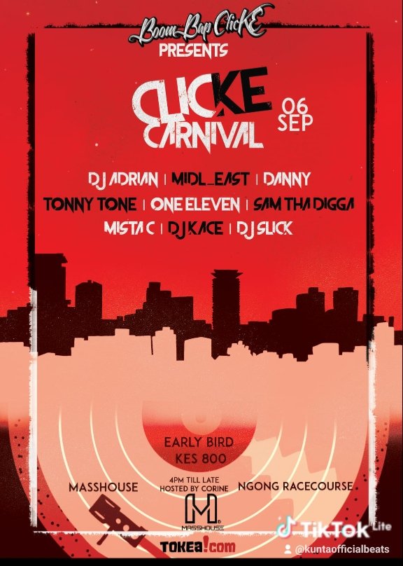 This time round we doing it big with the ClicKe that reps that real Hip Hop <a href="/BapClicke/">Boom Bap ClicKe</a>

It's all about the ClicKe Carnival going up at Mass House, Ngong Racecourse on the 6th of September 2025.

Make sure y'all get your early tickets ✌️🎫🎟️

tokea.com/event/152