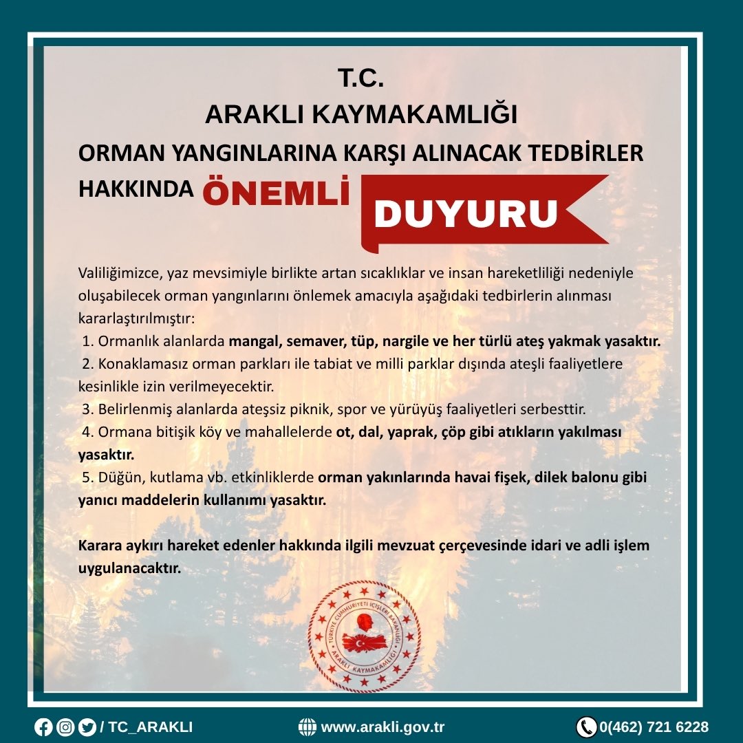 İLÇEMİZDE ORMANLIK ALANLARDA ATEŞ YAKMAK YASAKLANMIŞTIR❗️