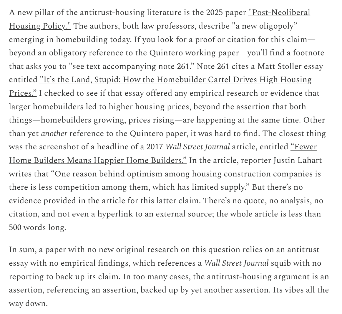The case in Abundance—that zoning and other rules have constrained housing development for decades— is based on an enormous amount of empirical research.

The antitrust folks' argument is built on assertions in legal journals that reference assertions in blog posts that reference