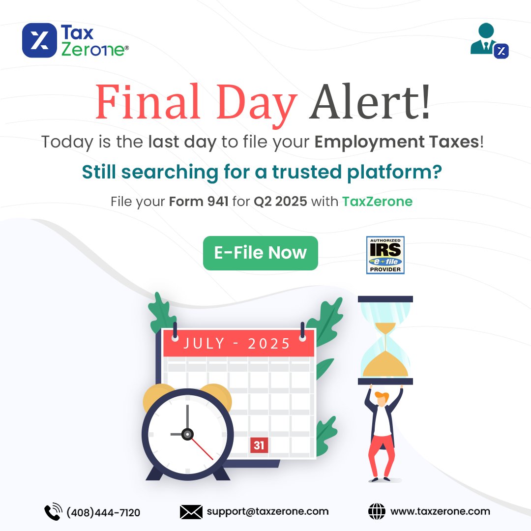 TaxZerone (@taxzeroneus) on Twitter photo 🛑 Form 941 Q2 Deadline is here!
👉 Time is almost up to submit your 941 Form.
👉 Don’t wait — File with TaxZerone now!
🌐 Visit taxzerone.com/employment-tax… today!
📧 support@taxzerone.com
#tax #IRS #Form941 #PayrollTax #employmenttax #IRS941 #Efile941 #QuarterlyTaxes #EfileNow 🛑 Form 941 Q2 Deadline is here!
👉 Time is almost up to submit your 941 Form.
👉 Don’t wait — File with TaxZerone now!
🌐 Visit taxzerone.com/employment-tax… today!
📧 support@taxzerone.com
#tax #IRS #Form941 #PayrollTax #employmenttax #IRS941 #Efile941 #QuarterlyTaxes #EfileNow