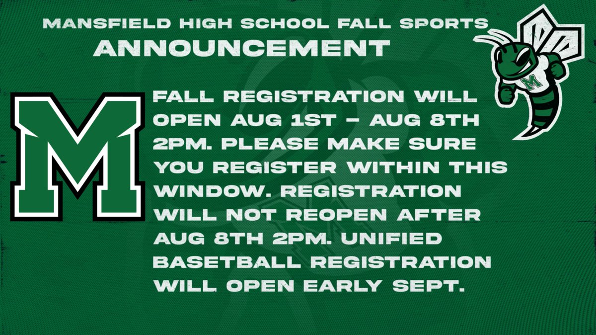 Fall Registration opens Aug 1st - Aug 8th 2pm. Please register during this window. When registering please upload the student athlete most recent physical.  18 Days till Fall Sports!!!! Let's GOOOOOO HORNETS 
#HornetPride