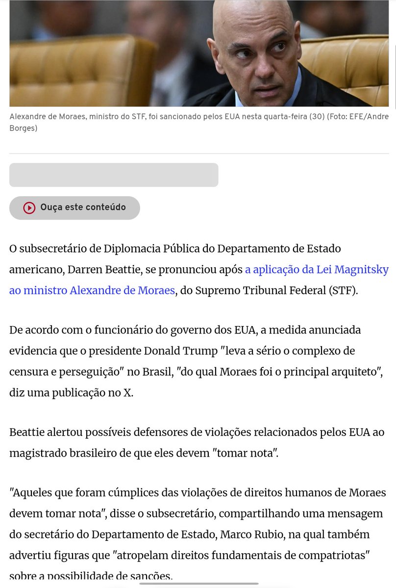 Subsecretário de Trump deixa recado a “cúmplices” de Moraes após Lei Magnitsky: “tomem nota”
<a href="/gazetadopovo/">Gazeta do Povo</a>