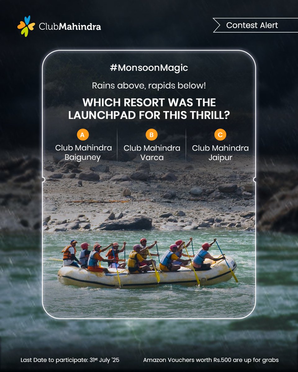 #ContestAlert 15 of 15  

Participate in all #MonsoonMagic Contest

STEPS 

1) Comment below with your answer using #MonsoonMagic and #ClubMahindra. Don’t forget to tag <a href="/clubmahindra/">Club Mahindra</a> and four of your friends – it’s mandatory! 

2) Participate in all 15 contest posts. Winners get