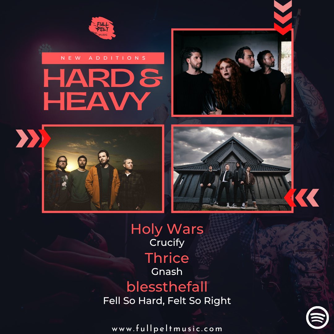 NEW ADDITIONS to our ‘Hard &amp; Heavy’ Playlist!

<a href="/holywarsmusic/">Holy Wars</a> - ‘Crucify’
<a href="/Thrice/">THRICE</a> - ‘Gnash’
<a href="/blessthefall/">blessthefall</a> - ‘Fell So Hard, Felt So Right’

Listen 👇
tinyurl.com/bddencky

Magazine 👇
tinyurl.com/mtv44u2t