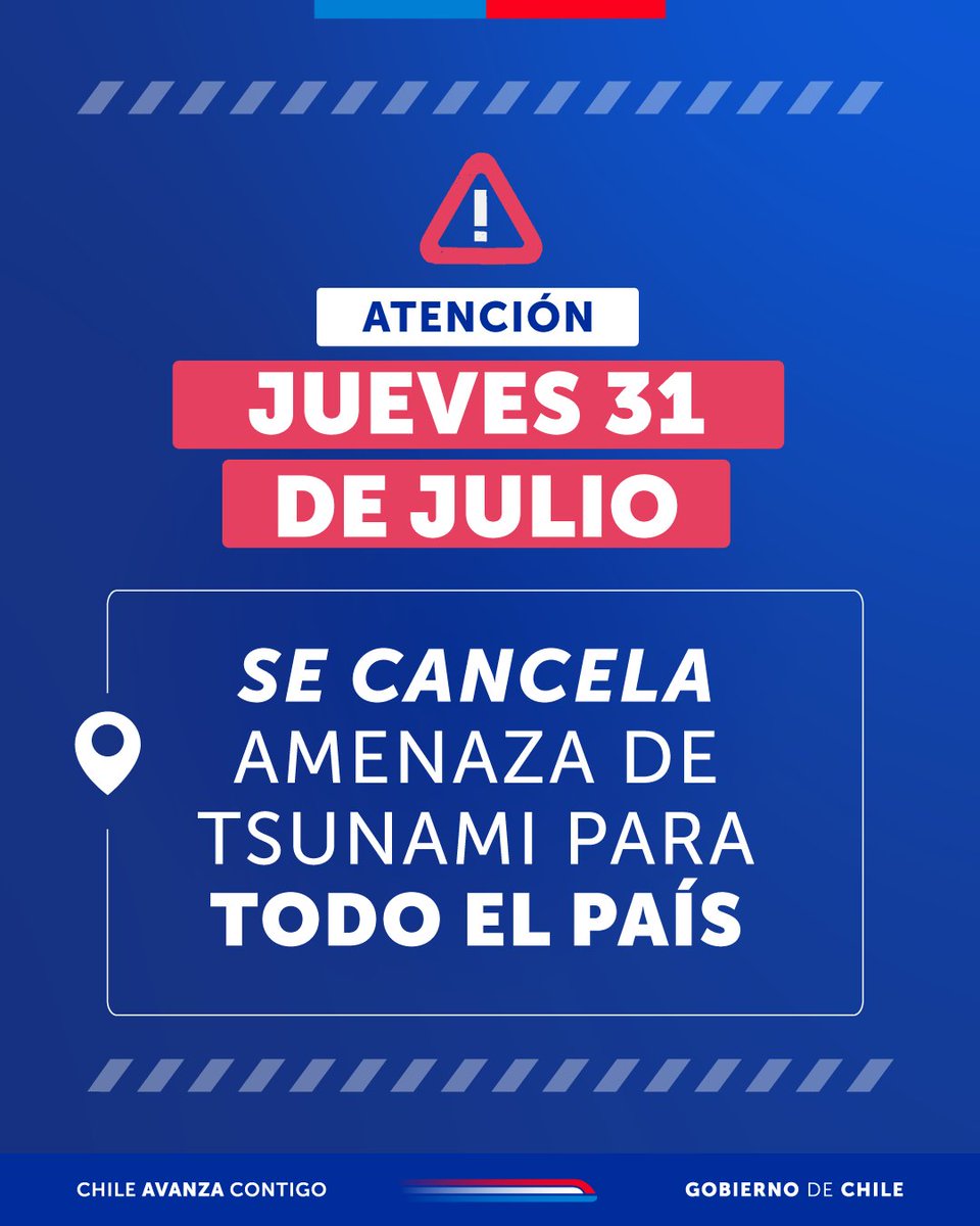 El SHOA indica que de acuerdo a la información recopilada por estaciones de nivel del mar, evolución de la propagación de la onda de tsunami, información de campo y modelamiento, se CANCELAN totalmente los estados de AMENAZA DE TSUNAMI en el país.
