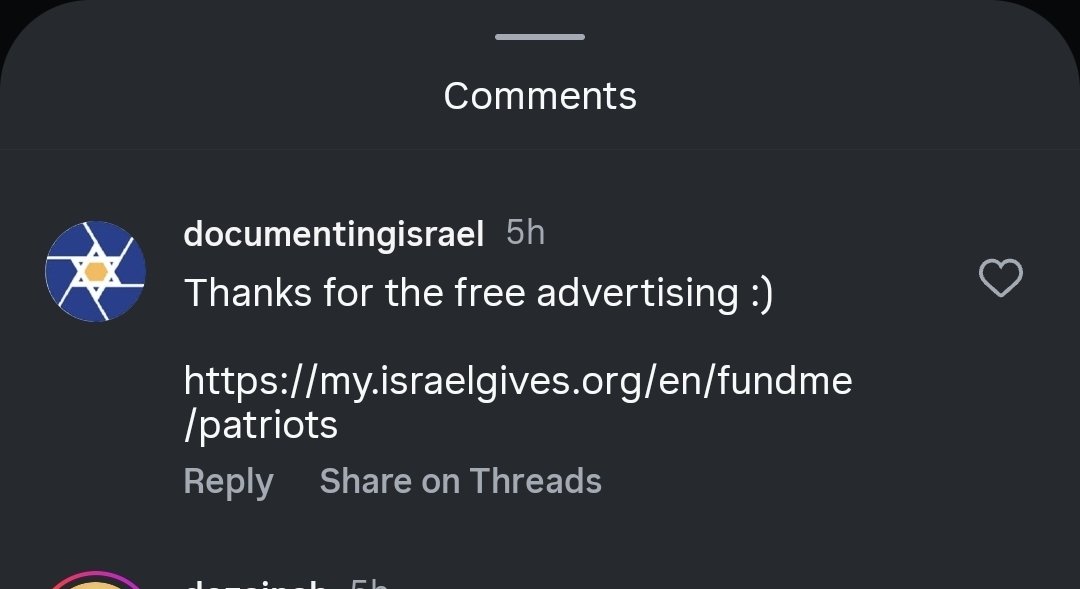 Jew haters at "Eye on Palestine", which has 13 million Instagram followers, were kind enough to share my post of my fundraiser for a BBQ for soldiers. 

So I left a comment thanking them for the free advertising 😂

Help here:
my.israelgives.org/en/fundme/patr…