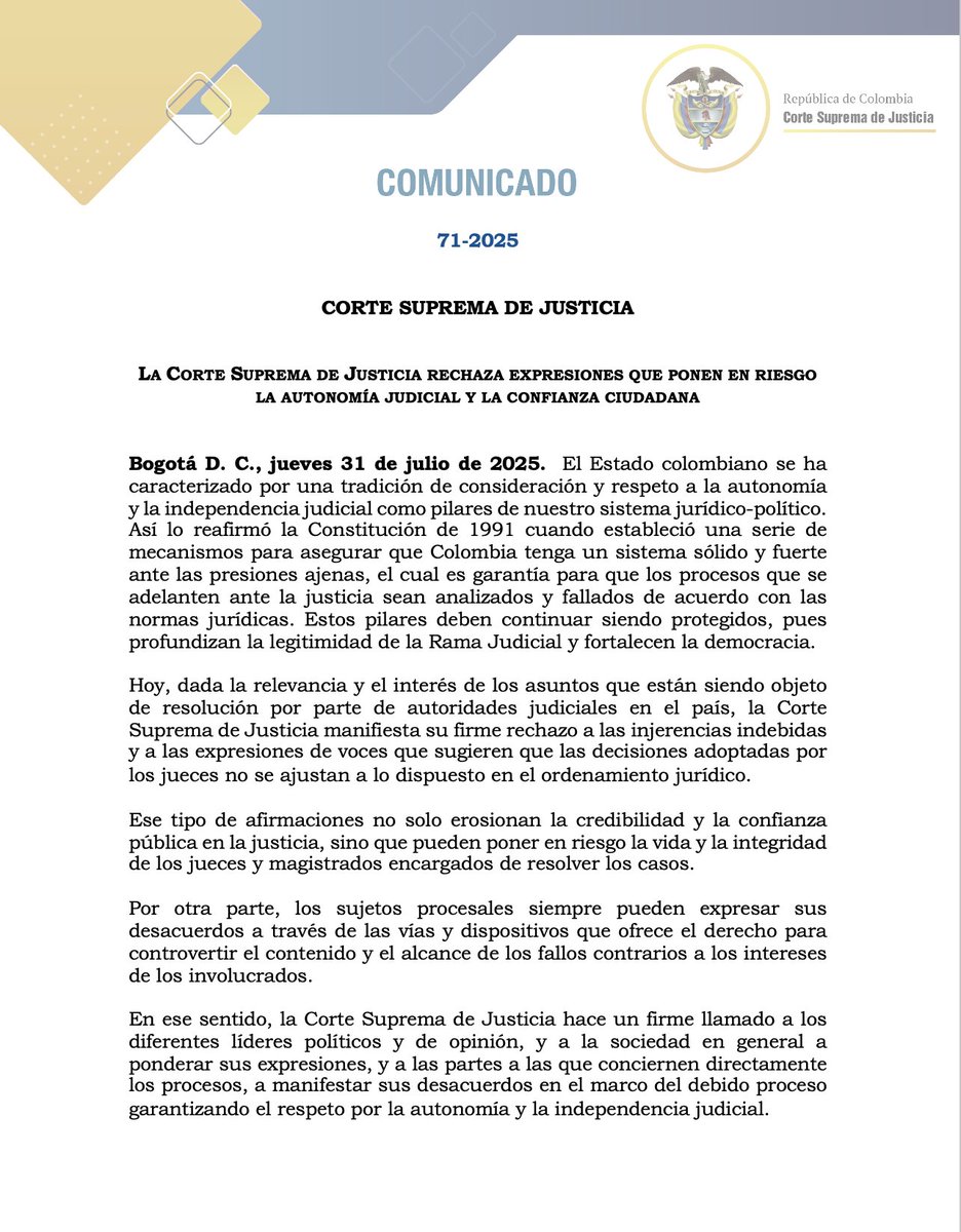 Corte Suprema de Justicia (@cortesupremaj) on Twitter photo La <a href="/CorteSupremaJ/">Corte Suprema de Justicia</a> reafirma su compromiso con la autonomía e independencia judicial, pilares esenciales para la democracia y el debido proceso. La corporación rechaza injerencias indebidas y llama a expresar desacuerdos solo por vías legales.
Comunicado: acortar.link/LVhna5 La <a href="/CorteSupremaJ/">Corte Suprema de Justicia</a> reafirma su compromiso con la autonomía e independencia judicial, pilares esenciales para la democracia y el debido proceso. La corporación rechaza injerencias indebidas y llama a expresar desacuerdos solo por vías legales.
Comunicado: acortar.link/LVhna5