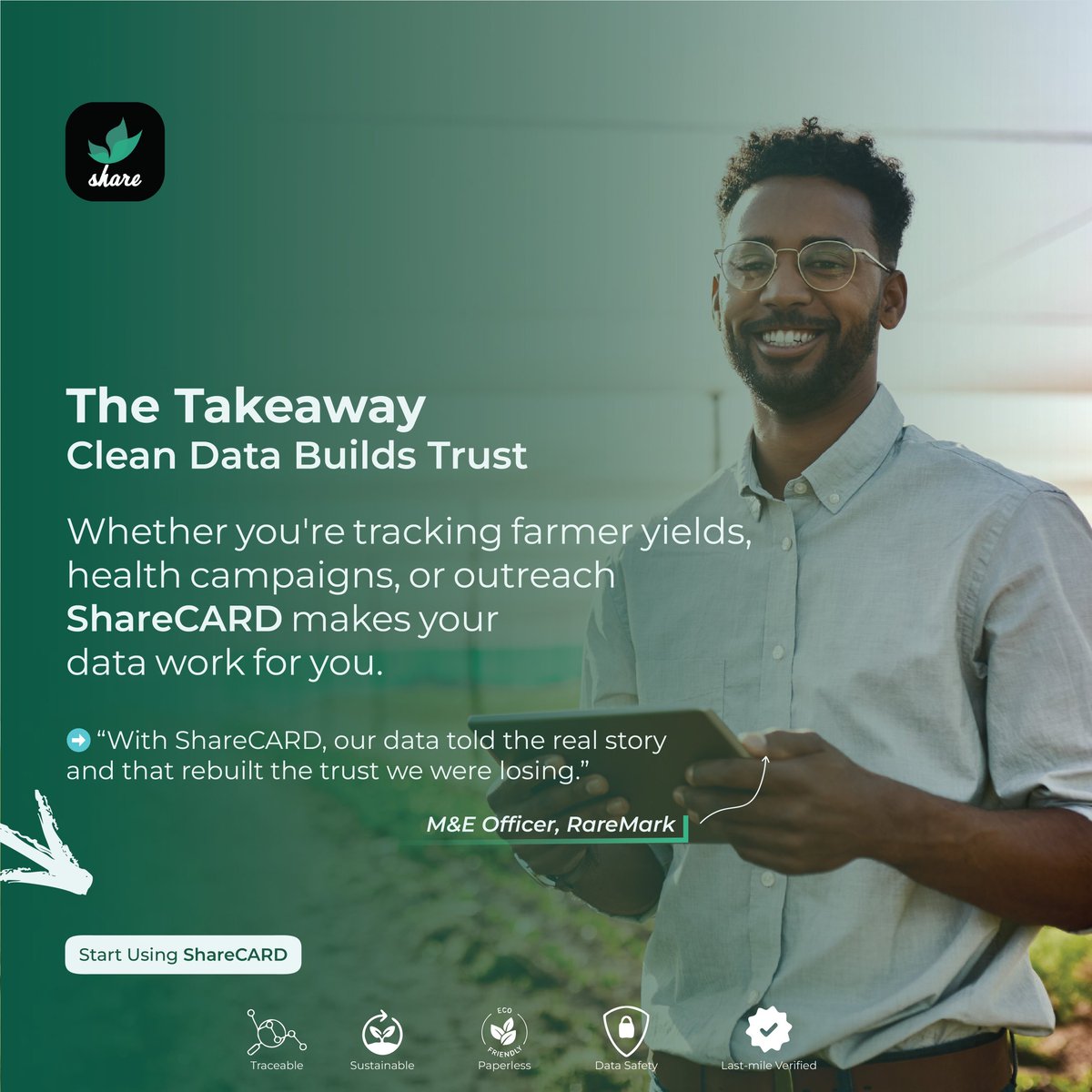 sharecard_app's tweet image. 📊 Transparent data dashboards
✅ 2-year funding renewed

&quot;With ShareCARD, our data told the real story — and that rebuilt the trust we were losing.&quot; – M&amp;amp;E Officer, RareMark

Let your data restore confidence.
#ImpactRestored #DataDrivenTrust #AgriTechSuccess #ShareCARD