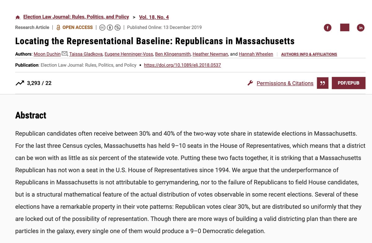 <a href="/EndWokeness/">End Wokeness</a> If you have Republicans distributed homogeneously at 35% in a state (like Massachusetts), they can't win any seats for reasons totally unrelated to gerrymandering. In some years, you can't make a Republican seat in MA even if you drop the requirement that districts be connected