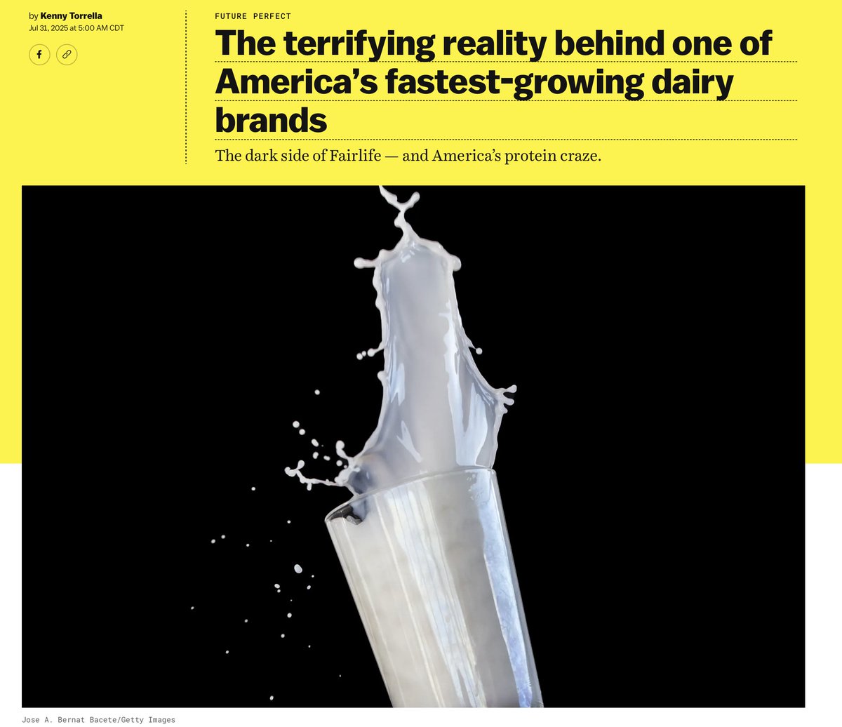 Marina Bolotnikova (@mbolotnikova) on Twitter photo Fairlife, a brand that didn't exist before 2012, is now the 2nd most popular milk in the US. It's a reflection of how dairy manages to continually rebrand & reinvent itself. But the reality behind Fairlife, like all dairy, is an unmitigated horror show
story by <a href="/KennyTorrella/">Kenny Torrella</a> Fairlife, a brand that didn't exist before 2012, is now the 2nd most popular milk in the US. It's a reflection of how dairy manages to continually rebrand & reinvent itself. But the reality behind Fairlife, like all dairy, is an unmitigated horror show
story by <a href="/KennyTorrella/">Kenny Torrella</a>