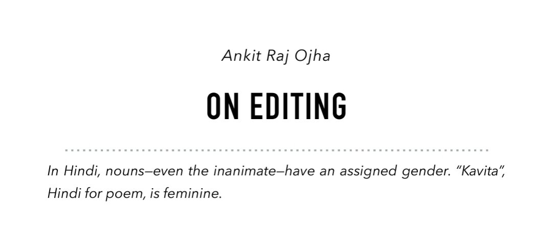 Ankit Raj Ojha (@ankit_raj01) on Twitter photo My second appearance in a <a href="/StanchionZine/">Stanchion</a> issue is an editor's love song to poetry. Sharing the title and epigraph here.
Thank you, <a href="/FBereaud/">Franรงois Bereaud</a> and <a href="/OWTK/">Jeff Bogle</a>, for publishing me again.
Get 90+ pages of poetry, prose and photography in Stanchion Issue 19, now at a reduced price. ๐ My second appearance in a <a href="/StanchionZine/">Stanchion</a> issue is an editor's love song to poetry. Sharing the title and epigraph here.
Thank you, <a href="/FBereaud/">Franรงois Bereaud</a> and <a href="/OWTK/">Jeff Bogle</a>, for publishing me again.
Get 90+ pages of poetry, prose and photography in Stanchion Issue 19, now at a reduced price. ๐