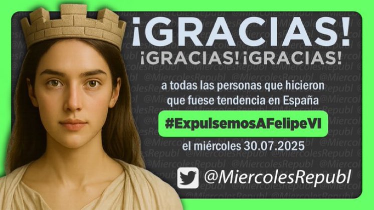 Desde <a href="/MiercolesRepubl/">Miércoles Republicano ❤️💛💜</a> damos las gracias a todos los que participaron en el hashtag #ExpulsemosAFelipeVI y lo hicieron tendencia. 
Los invitamos a seguir participando cada miércoles a las 19 h ( 18 en Canarias) en favor de la III República.