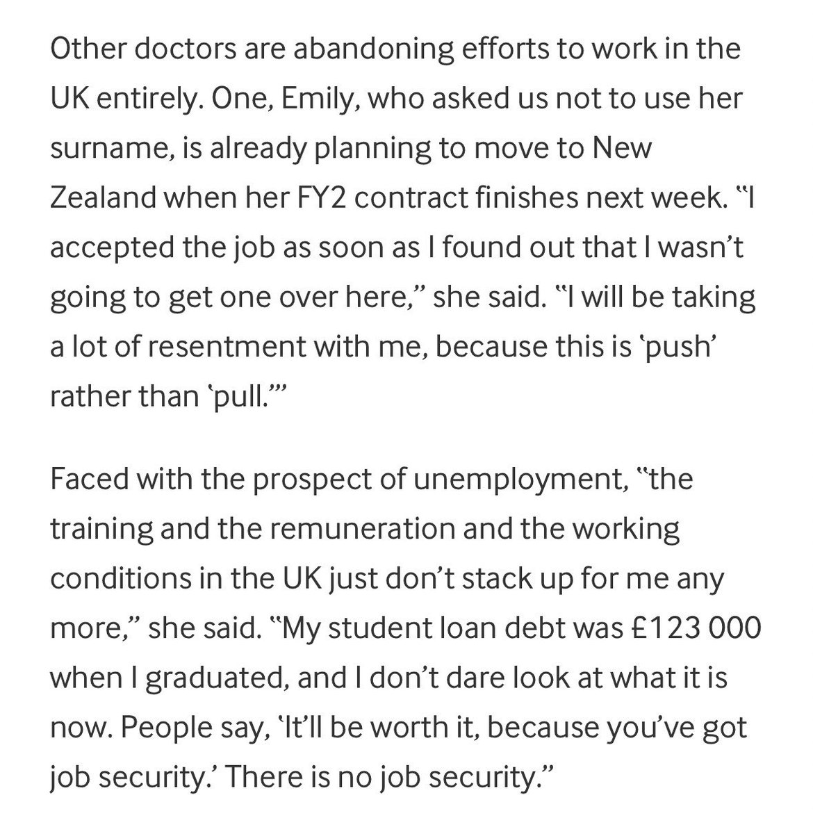 DrLukeCraddock's tweet photo. Like Emily, many doctors are being actively pushed out of a career in the NHS.

We must be able to provide secure employment for our doctors otherwise we will simply just lose them. https://t.co/gDladJO0kp