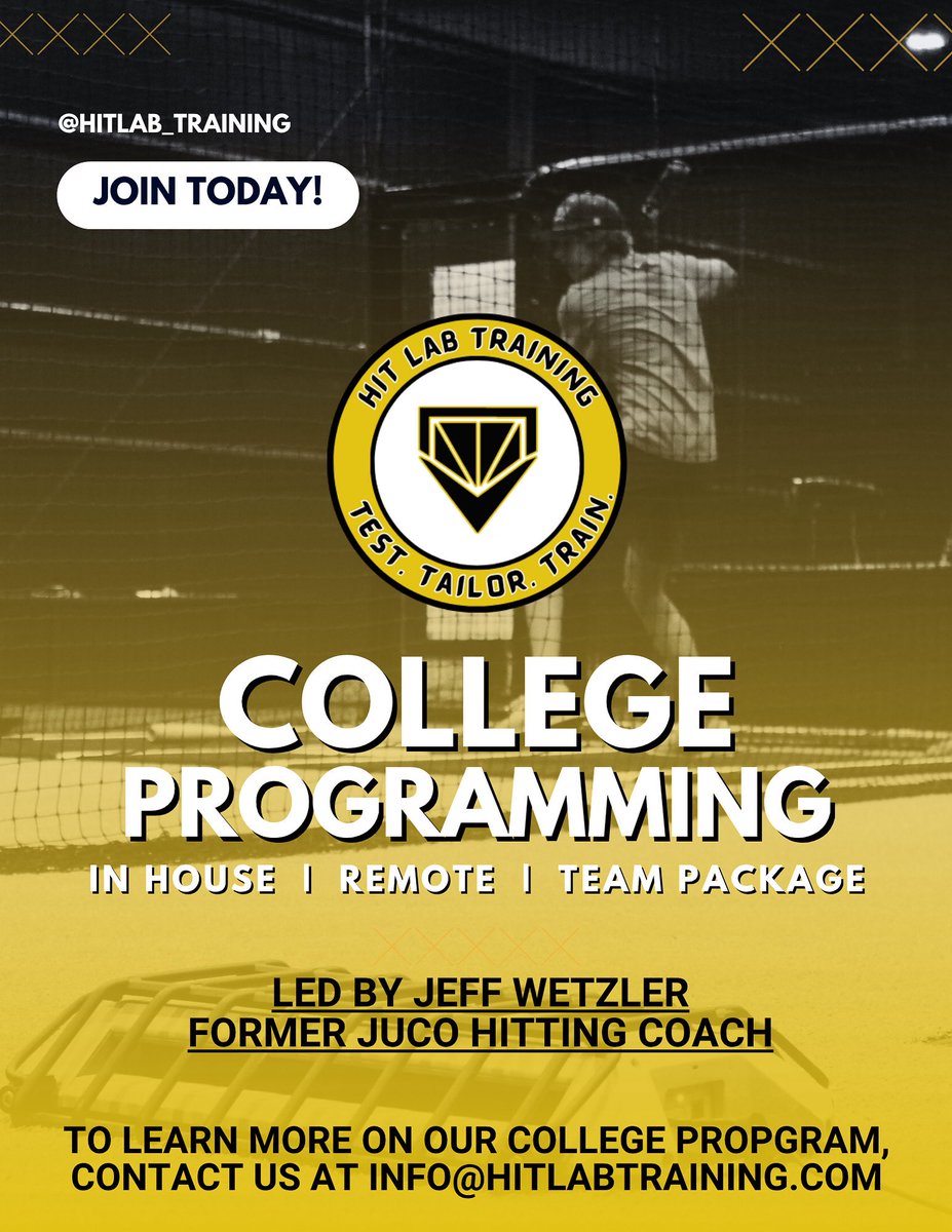 Hit Lab Training (@hitlabtraining) on Twitter photo Now Available‼️
HitLab is now offering assessment-based programming for college players looking to elevate their game
Individualized plan built from each athlete’s assess. to help them perform at the level they’re aiming for
To learn more email us at info@hitlabtraining.com Now Available‼️
HitLab is now offering assessment-based programming for college players looking to elevate their game
Individualized plan built from each athlete’s assess. to help them perform at the level they’re aiming for
To learn more email us at info@hitlabtraining.com
