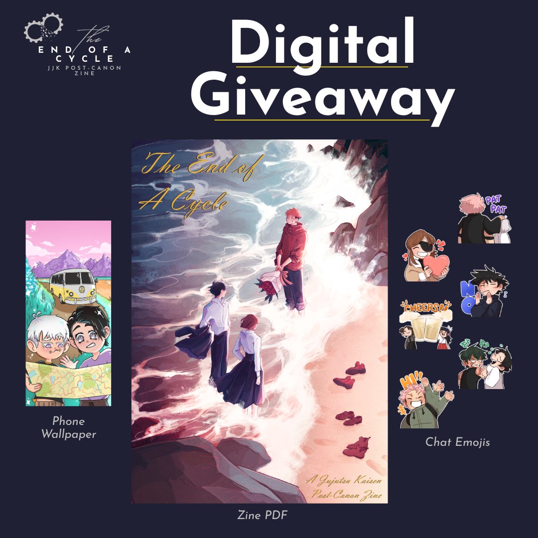We've decided to celebrate unlocking our first stretch goal by doing a giveaway of our digital bundle of the zine! 1 winner will be chosen

To enter:
- Follow <a href="/jjkpstcanonzine/">The End of a Cycle : a JJK Post-Canon Zine</a> 
- Reblog this post
- Tag a friend in the comments

The giveaway will close Aug 10 at 11:59pm EDT!