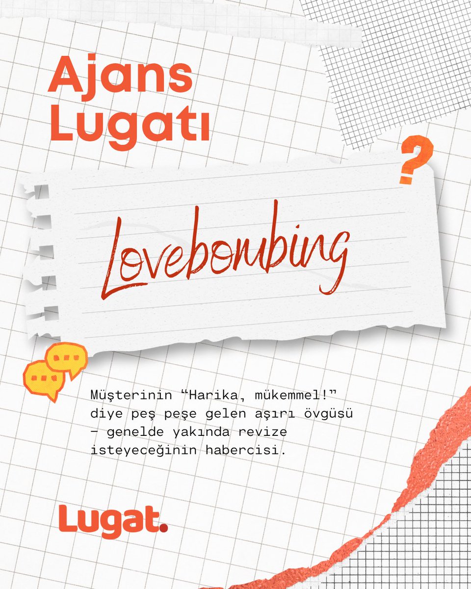 lugaticerik's tweet photo. 💣 Lovebombing

Müşteriden gelen “Harika, mükemmel!” mesajları…
Bir yandan kalbiniz şişer, diğer yandan “Yakında bir revize gelecek mi acaba?” diye düşünürsünüz. 🙃

Ajans hayatının tatlı ama biraz da stresli anlarından biri! https://t.co/8MLlkVBR9m