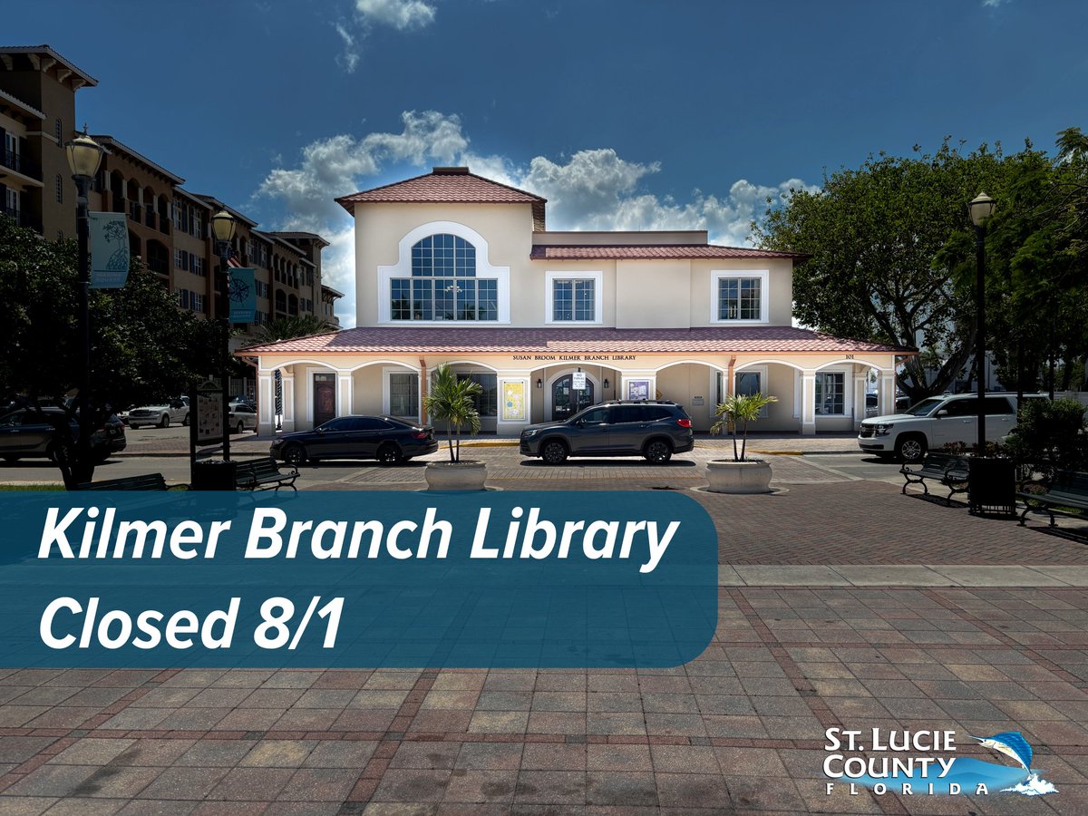 StLucieGOV's tweet image. Kilmer Branch Library will be closed tomorrow August 1, 2025, for HVAC repair.
All other branches of the library will be open.
For more information about your local SLC Library Branch visit: stlucieco.gov/library
#StLucieCounty #LibraryUpdate #LibraryNews #PublicLibrary