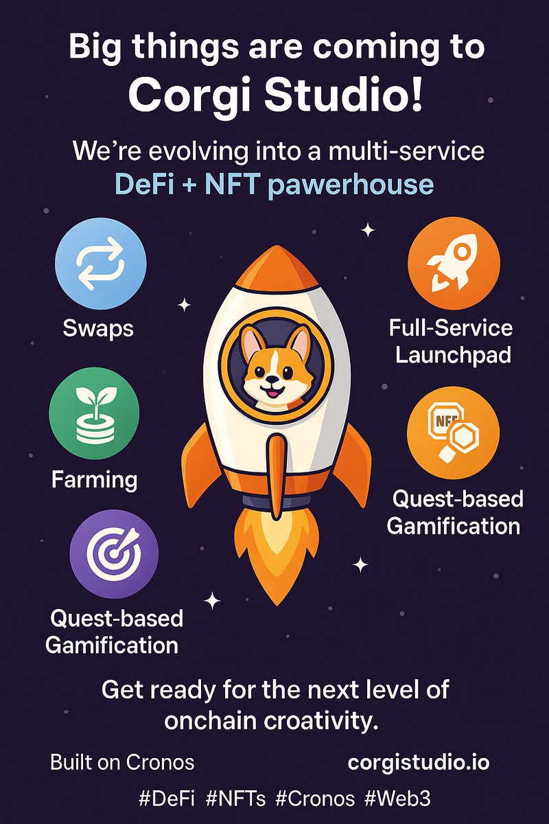 🚀 Big things are coming to Corgi Studio Marketplace!

We’re evolving into a multi-service DeFi + NFT powerhouse 🧬✨

🔁 Swaps
🌾 Farming
🚀 Full-Service Launchpad
🎯 Quest-based gamification
🎨 NFT Trait Customization (yes, really!)

Get ready for the next level of onchain