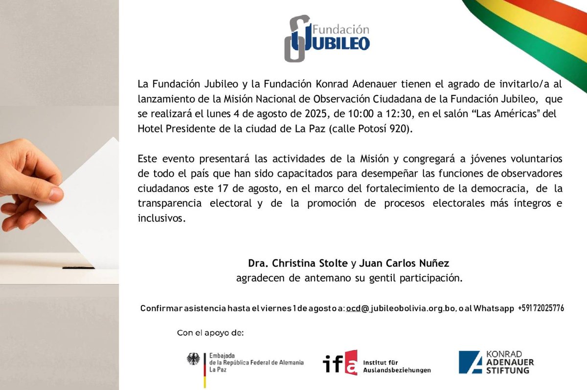 KAS__Bolivia's tweet photo. 🗳️ ¡Te invitamos al lanzamiento de la Misión Nacional de Observación Ciudadana!
Acompáñanos este 4 de agosto a ser parte del compromiso por unas elecciones más transparentes.
¡La democracia se fortalece con participación!
#KASBolivia #ObservaciónCiudadana #FundaciónJubileo https://t.co/ox13HfbL5m