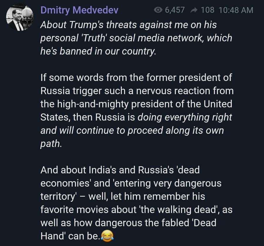 🇷🇺🇺🇸 O ex-presidente russo Medvedev pede ao presidente Trump que se recorde do "quão perigosa a lendária Mão Morta pode ser".  

'Dead Hand' é um sistema que lança mísseis nucleares automaticamente se a liderança da Rússia for destruída.