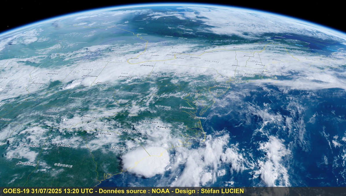 AI_Stef78's tweet photo. Le jour se lève sur les Etats-Unis avec pas mal d' #orages déjà en cours notamment sur la Caroline du Sud et une ligne qui s'étire Du #Missouri au #Maine avec des systèmes orageux très organisés. Données
@NOAASatellites  post-traitées à partir des canaux visibles de #GOES19 https://t.co/ATsAVvc87A