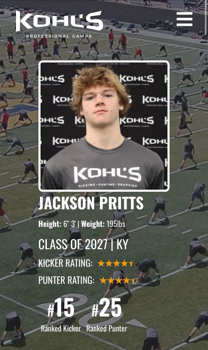 Jackson Pritts (@jacksonpritts08) on Twitter photo I am truly honored to be ranked as the #15 Ranked Kicker and #25 Ranked Punter nationally. I am also blessed to be named the #1 Kicker and #1 Punter in the state of KY. Still a lot more to accomplish!
<a href="/CoachEckloff/">Coach Eckloff</a>
<a href="/dupontmanualfb/">dupontmanualfootball</a>
<a href="/ManualAthletics/">Manual Athletics</a>
<a href="/KamSmith_24/">Kameron Smith Sr.</a> I am truly honored to be ranked as the #15 Ranked Kicker and #25 Ranked Punter nationally. I am also blessed to be named the #1 Kicker and #1 Punter in the state of KY. Still a lot more to accomplish!
<a href="/CoachEckloff/">Coach Eckloff</a>
<a href="/dupontmanualfb/">dupontmanualfootball</a>
<a href="/ManualAthletics/">Manual Athletics</a>
<a href="/KamSmith_24/">Kameron Smith Sr.</a>