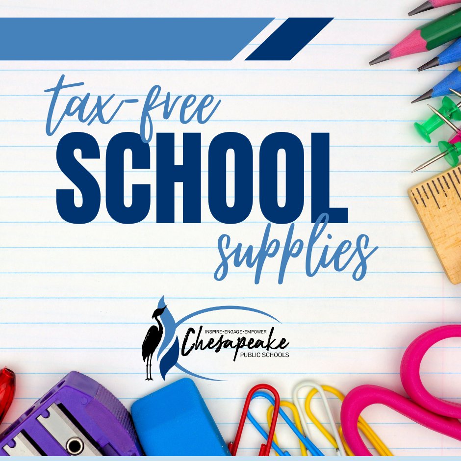 🛍️ Virginia's Sales Tax Holiday is August 1–3! Stock up on school supplies, clothes, shoes &amp; emergency prep items: TAX-FREE!

📚 PreK–5 supply lists: cpschools.com/page/supply-li…
✅ Check with your child's teacher for final lists.

Details: tax.virginia.gov