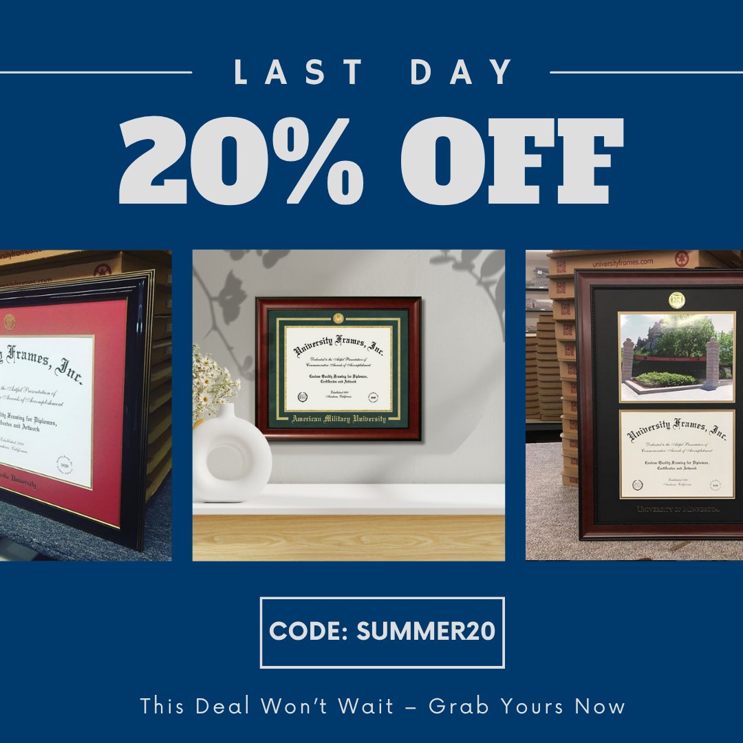 UniversityFrame's tweet photo. 🎓 Time’s almost up! Today’s your last chance to grab 20% OFF our handcrafted custom diploma frames. Whether you’re framing your own achievement or gifting a grad, now’s the time.

📦 Use code SUMMER20 at checkout. Sale ends tonight – and once it’s gone, it’s gone! https://t.co/ofnMWpYNwP