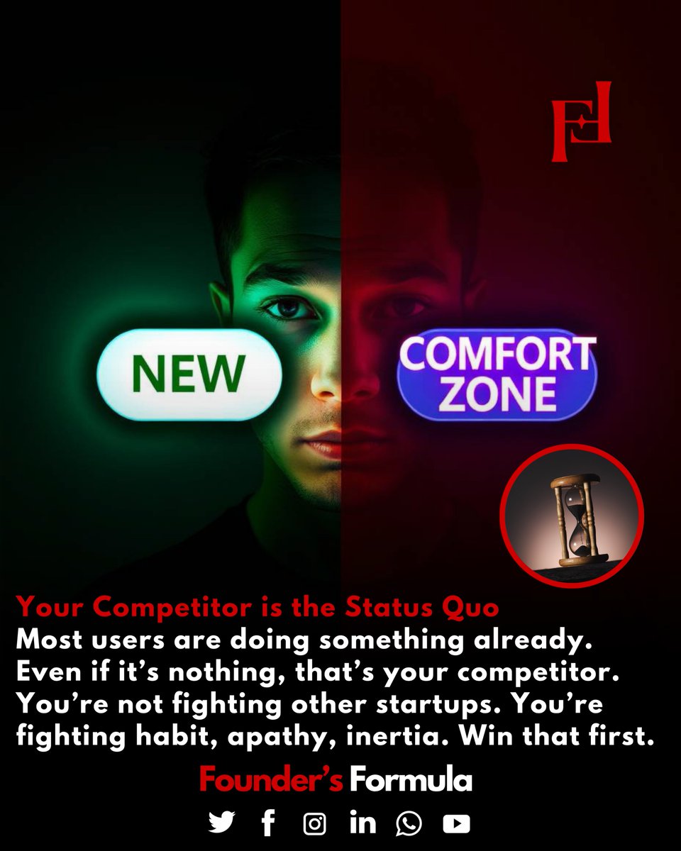 formula4founder's tweet image. Your biggest competitor isn’t another startup — it’s the status quo.
You’re fighting habit, apathy, and inertia.
Win that first.
– Founders Formula
#StartupTruth #FoundersFormula #StatusQuo #ProductMarketFit #EntrepreneurMindset #StartupTips
