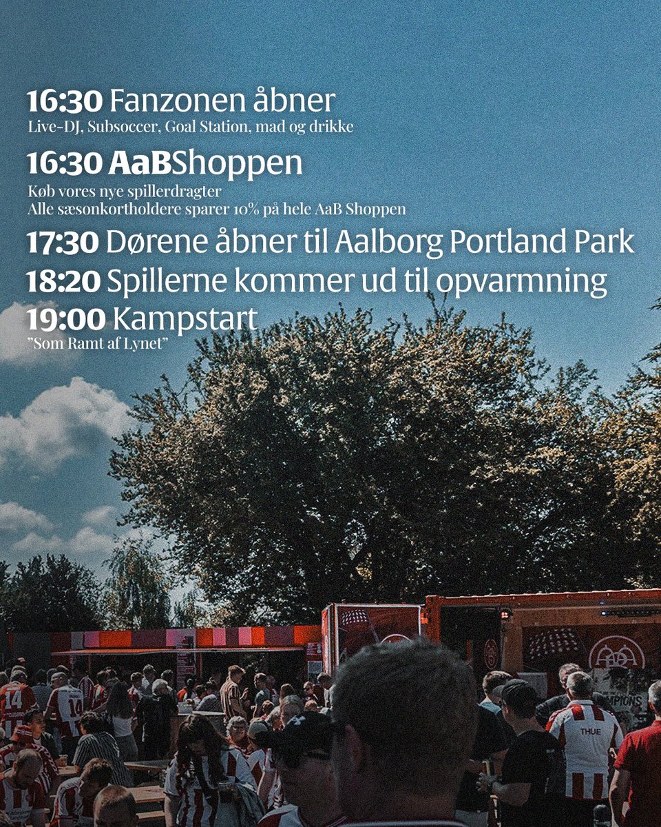 I morgen venter sæsonens første hjemmekamp 🔴⚪🔴

Fanzonen og AaB Shoppen åbner dørene kl. 16.30, så der er rig mulighed for at komme i kampstemning og sikre sig noget fedt AaB-merchandise.

Se fredagens program her 👉

#SammenOmAaB #AaB #SuperAaB