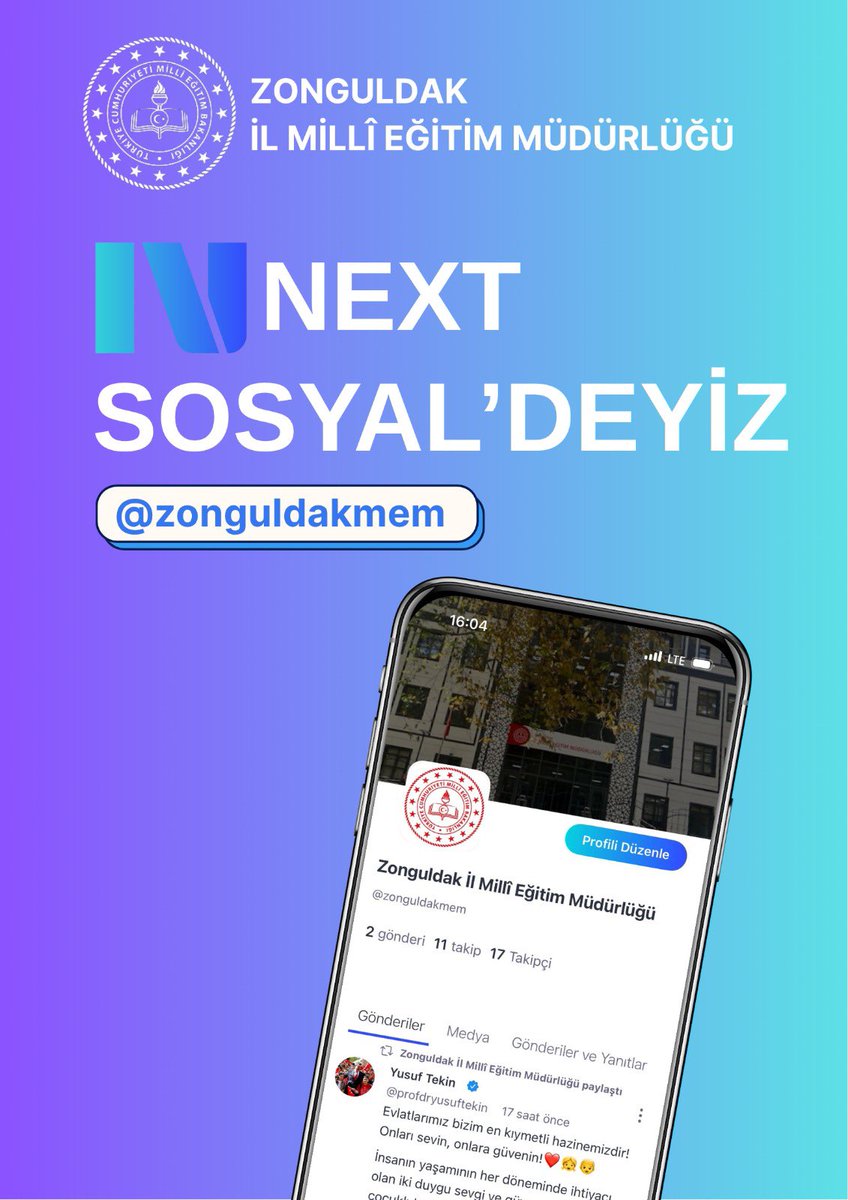 Zonguldak İl Millî Eğitim Müdürlüğü (@zonguldakmem) on Twitter photo 📢 Zonguldak İl Millî Eğitim Müdürlüğü olarak Next Sosyal’deyiz!
Yerli ve millî sosyal medya platformumuz Next Sosyal üzerinden bizleri takip edebilirsiniz.
🔗sosyal.teknofest.app/@zonguldakmem
<a href="/tcmeb/">Millî Eğitim Bakanlığı</a> <a href="/Yusuf__Tekin/">Yusuf Tekin</a> <a href="/uygarkeskin/">uygarkeskin</a> 📢 Zonguldak İl Millî Eğitim Müdürlüğü olarak Next Sosyal’deyiz!
Yerli ve millî sosyal medya platformumuz Next Sosyal üzerinden bizleri takip edebilirsiniz.
🔗sosyal.teknofest.app/@zonguldakmem
<a href="/tcmeb/">Millî Eğitim Bakanlığı</a> <a href="/Yusuf__Tekin/">Yusuf Tekin</a> <a href="/uygarkeskin/">uygarkeskin</a>