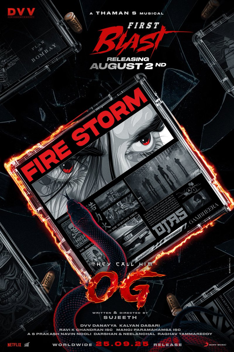 ProSardhar's tweet photo. The time has come for the #OG fever to begin its musical journey 🔥

#FireStorm song will blast your speakers on August 2nd 💥

#TheyCallHimOG #OGonSept25

@PawanKalyan @emraanhashmi #Sujeeth @Iam_Arjundas @priyankaamohan  @MusicThaman @DVVMovies @SonyMusicSouth https://t.co/NgtnPxqdRj