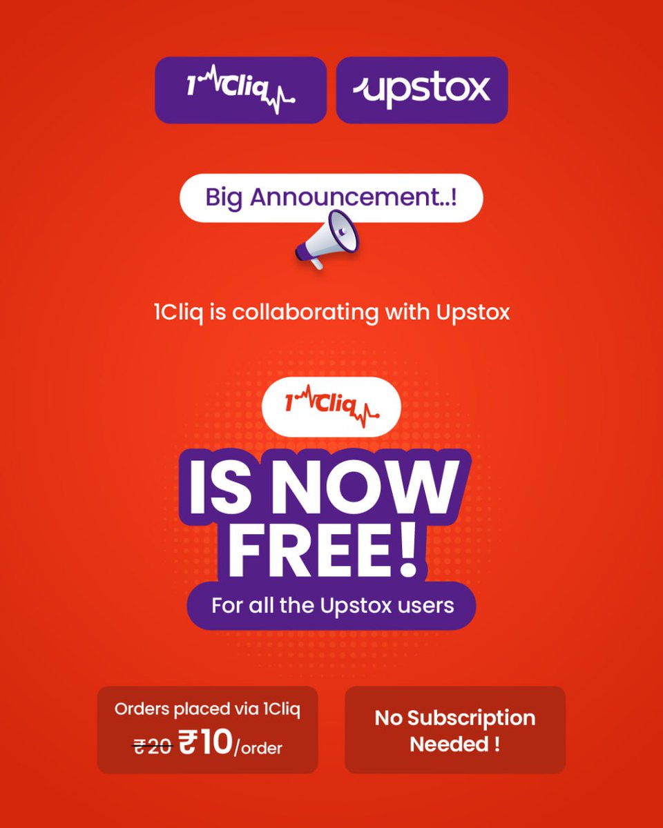 Justsiva123's tweet image. 🎉 Big News for @upstox Users!

👉 Get FREE Access to #1Cliq
- No Subscription Needed!
- Exclusive ₹10/ order For All Trades Done Through 1Cliq
- Easy to integrate &amp;amp; trade

🔗 Trade with 1Cliq Now.

1Cliqtrade.com 
@OiPulse

#1cliq #upstox
