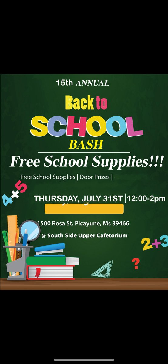 The 15th Annual “Back 2 School Bash” Free Bookbag and School Supply Giveaway is Today Thursday July 31 from 12pm-2pm at Southside Elementary. This Event is Free and Everyone is Invited.
