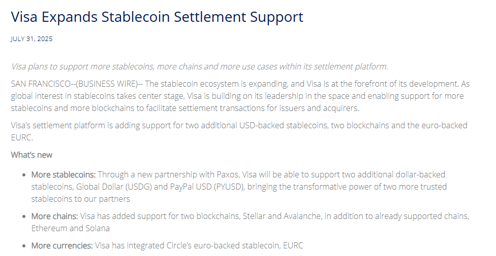 BlockTrendsBR's tweet photo. 🚨 Visa amplia suporte a stablecoins e blockchains

A empresa agora integra USDG, PYUSD e EURC à sua plataforma de liquidação.

As transações on-chain passam a contar com Stellar e Avalanche, além de Ethereum e Solana, reforçando a aposta em pagamentos globais via blockchain.