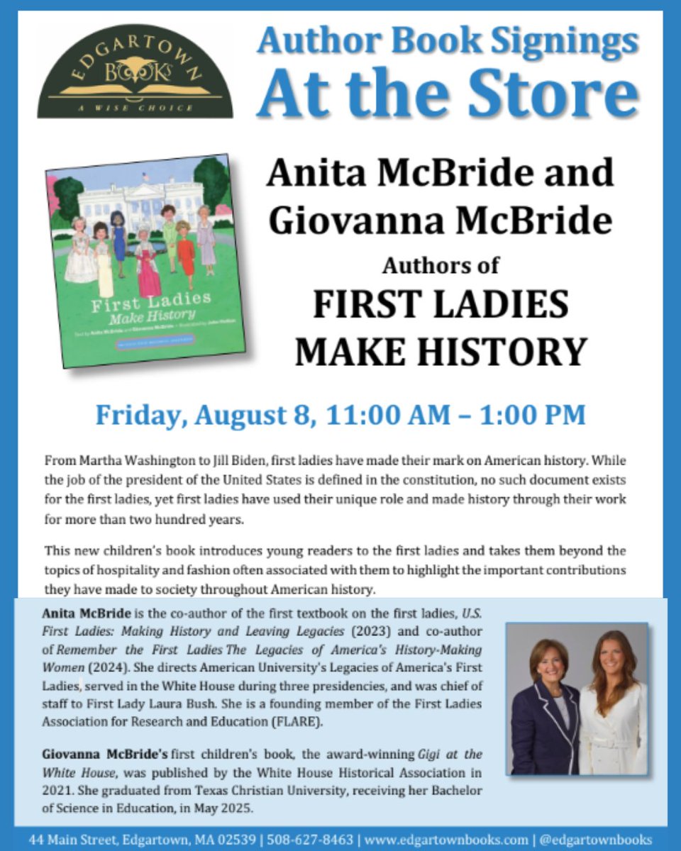 Excited to continue our #FirstLadiesMakeHistory book tour in New England!

📍 Aug 8: Edgartown Books, Martha’s Vineyard (11–1)
📍 Aug 9: Peachtree Kids, Nantucket (10–12)
Stop by to meet us &amp; pick up a signed copy! #BookTour