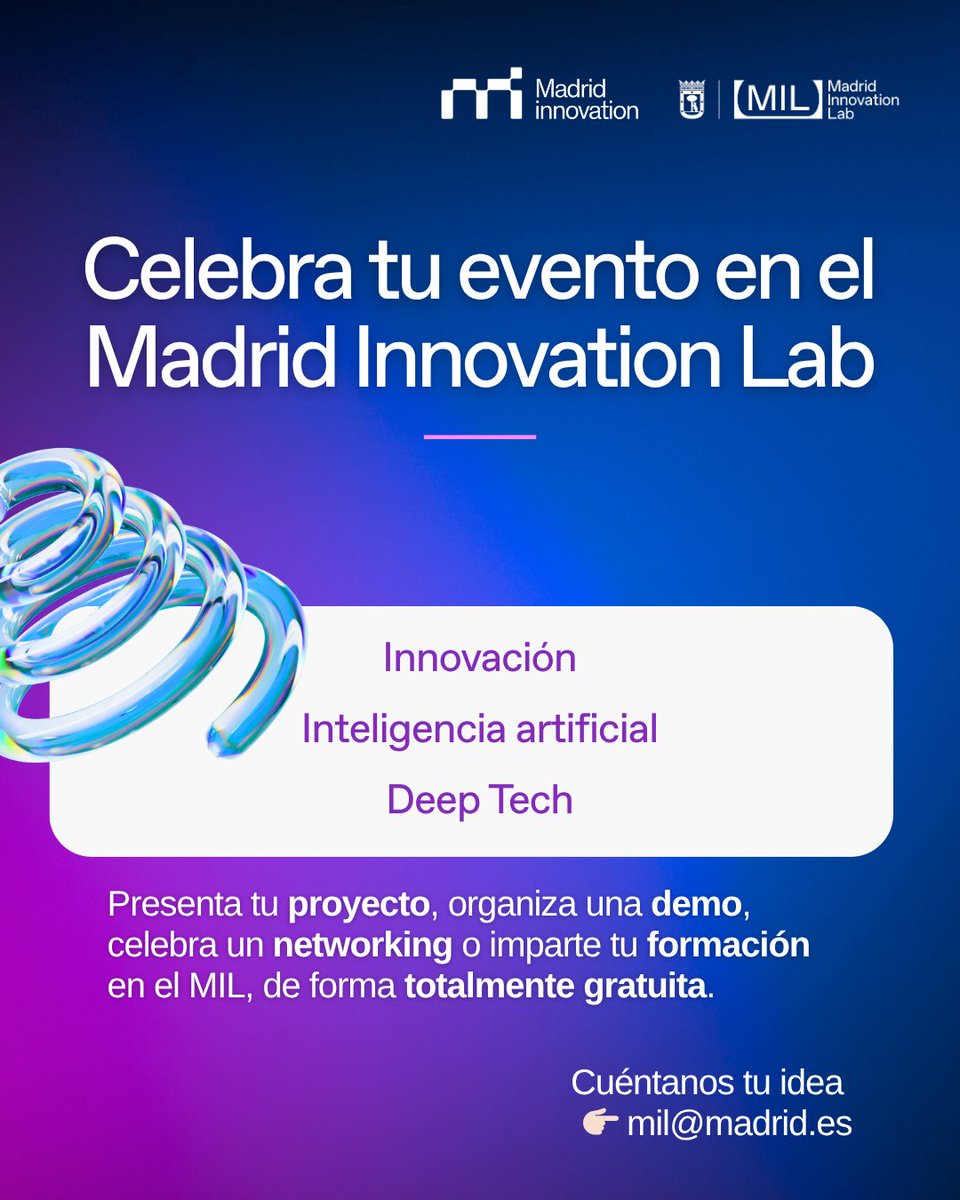 🇪🇸 ¿Quieres organizar un evento en el Madrid Innovation Lab?
¡Cedemos nuestro espacio gratis para proyectos sobre IA, deep tech e innovación!

🇬🇧 Want to host your event at Madrid Innovation Lab?
We offer our space for free for AI, deep tech &amp; innovation proposals!

<a href="/madridinnova/">Madrid Innovation</a>