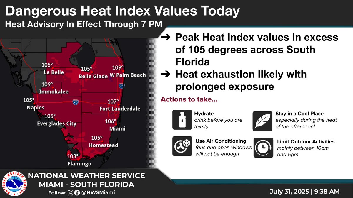 Jul 31 @ 9:50 AM - A Heat Advisory is now in effect for today as we had a hot start this morning with a delay in showers &amp; storms until later in the day allowing a window of time for heat that could lead to heat illness if precautions aren't taken. #FLwx