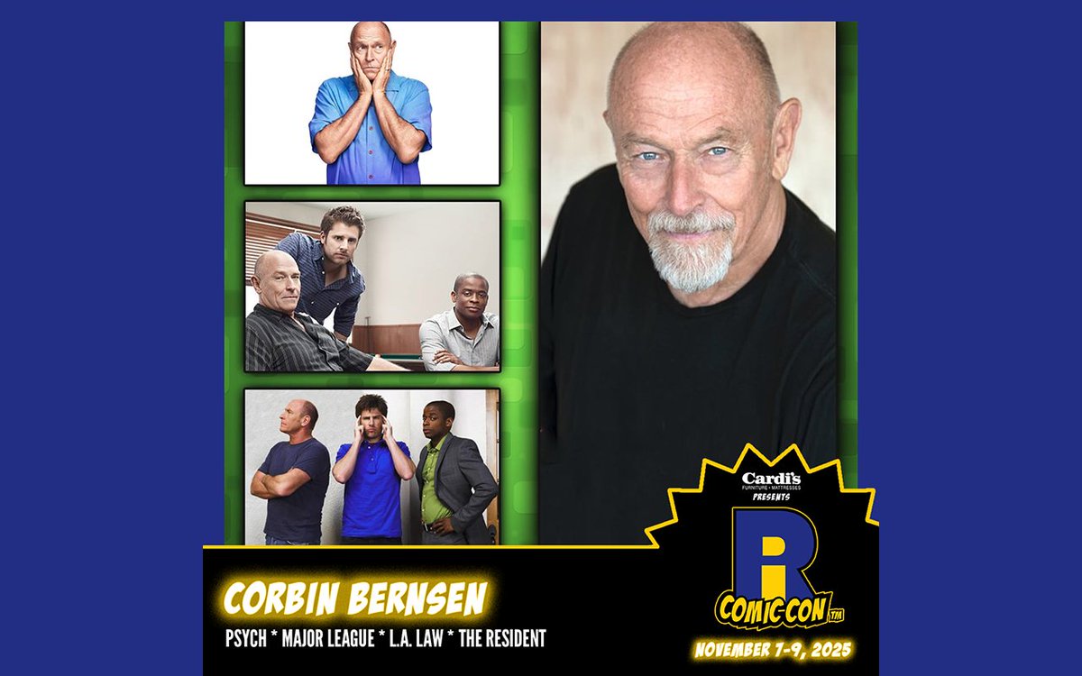 Please welcome <a href="/corbinbernsen/">Corbin Bernsen</a> to #RICC2025 at 
<a href="/The_AMPPVD/">Amica Mutual Pavilion</a> and <a href="/RIConvention/">Rhode Island Convention Center</a>! Corbin played retired police detective Henry Spencer on the USA Network comedy-drama series Psych. He is also known for playing Arnold Becker on L.A. Law, and Roger Dorn in the Major League film