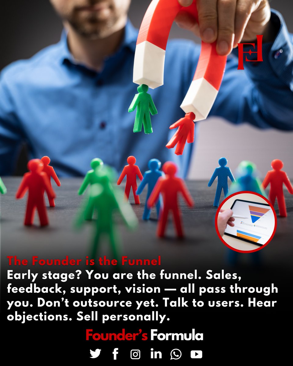 formula4founder's tweet image. At the start, you are the funnel.
Sales, support, feedback — it’s all on you.
Don’t delegate. Talk to users. Sell personally.
– Founders Formula
#EarlyStageStartup #FoundersFormula #StartupSales #TalkToUsers #BuildInPublic #StartupTips