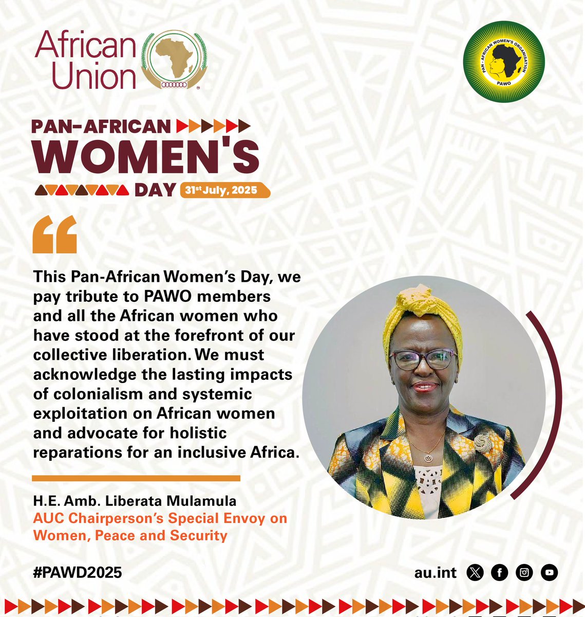 African Union Women, Gender & Youth Directorate (@au_wgyd) on Twitter photo This #PAWD2025, we pay tribute to <a href="/Pawowomen/">Pan African Women's Organization</a> members and all the African women who have stood at the forefront of our collective liberation. ~ shares H.E. Amb. <a href="/Amb_Mulamula/">Ambassador Liberata Mulamula</a> in commemoration of #PAWD2025 This #PAWD2025, we pay tribute to <a href="/Pawowomen/">Pan African Women's Organization</a> members and all the African women who have stood at the forefront of our collective liberation. ~ shares H.E. Amb. <a href="/Amb_Mulamula/">Ambassador Liberata Mulamula</a> in commemoration of #PAWD2025